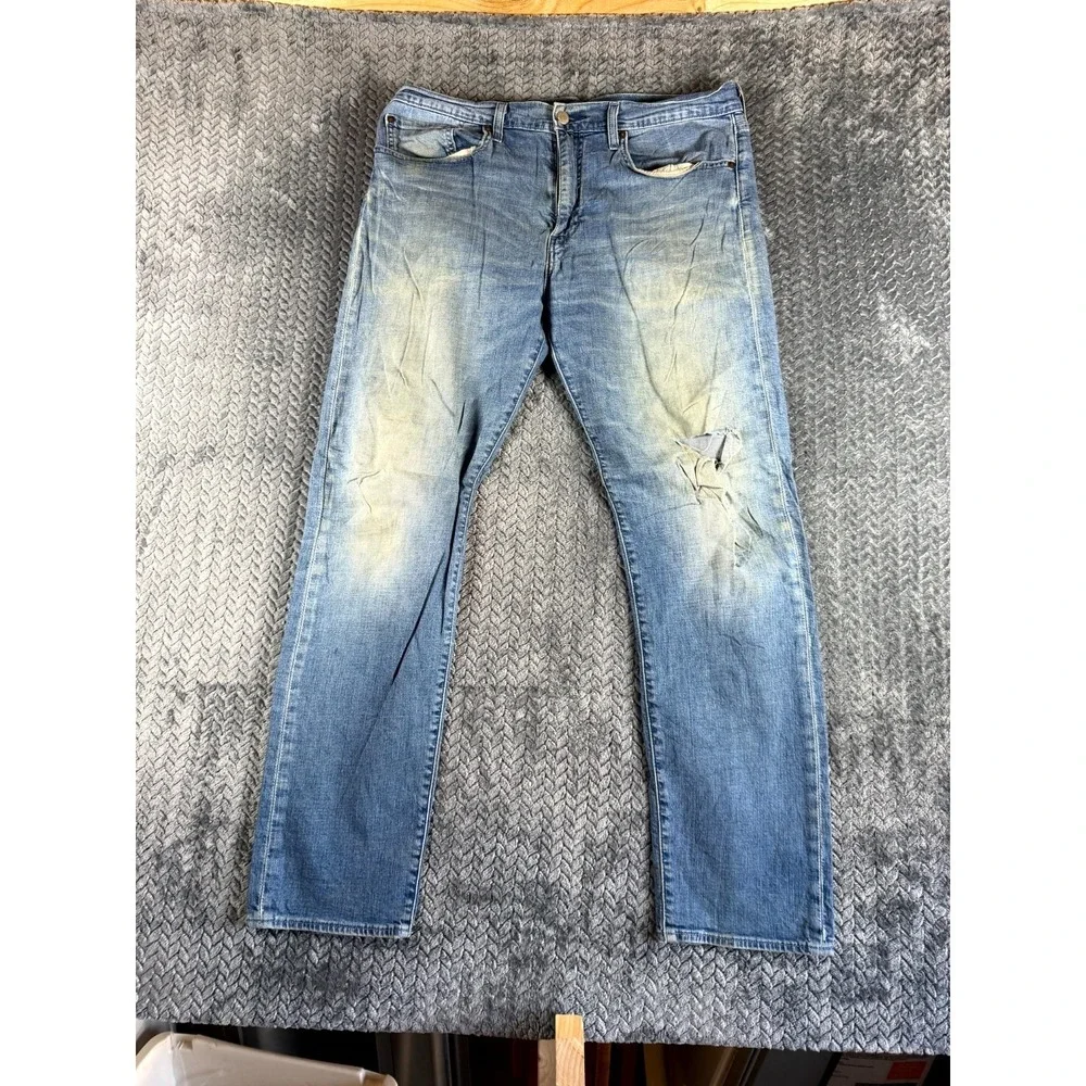 Levi's 502 Straight‎ Jeans Mens 34x32 Blue Whiskering Denim Mid Rise Distressed